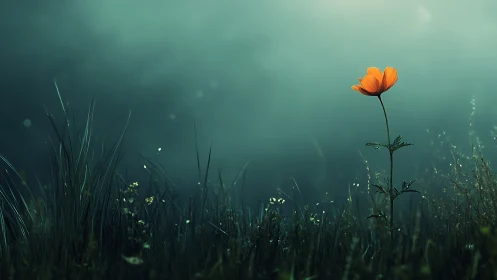 Lone ember blossom humming softly in teal morning hush.