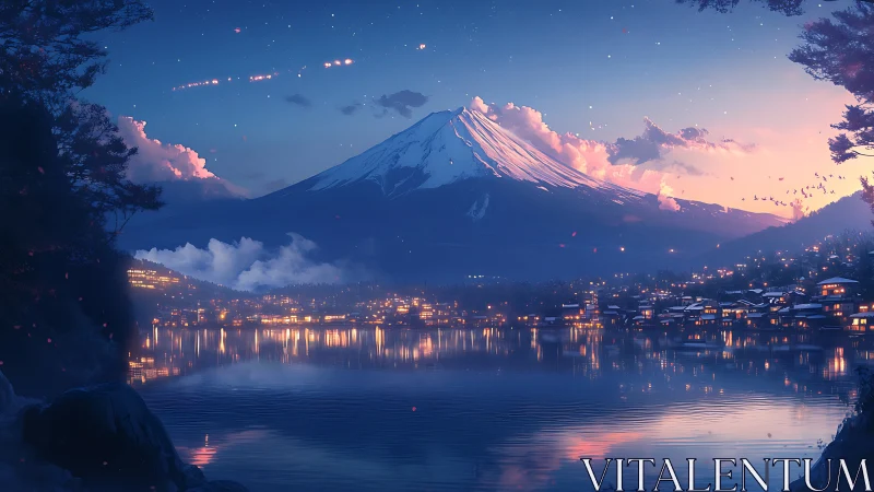 Snow-capped mountain overlooks illuminated lakeside town at dusk
