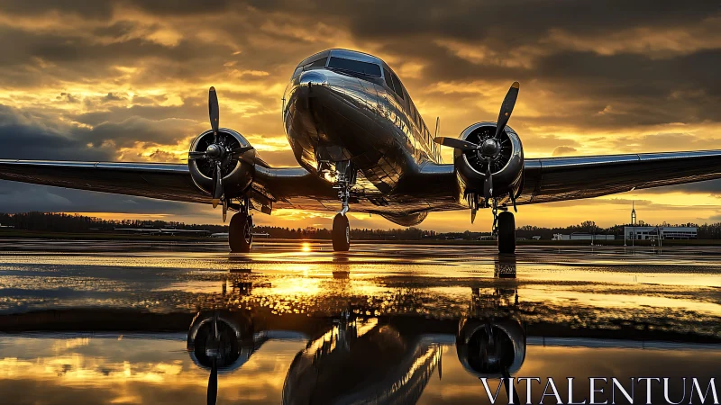 Vintage twin‑engine airplane on wet runway at sunset.