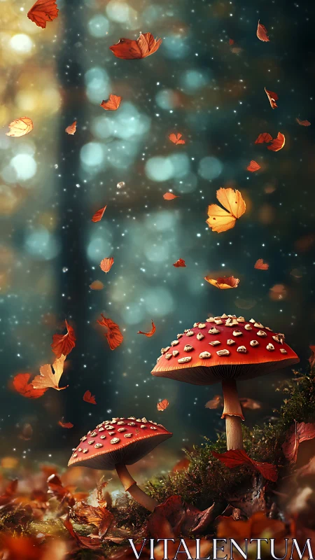 Enchanted red mushrooms glow amid swirling autumn leaves.