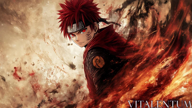 Red haired anime warrior amid swirling fire and sand.