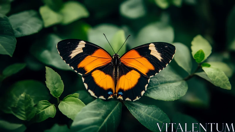 Gentle orange butterfly resting among deep green leaves.