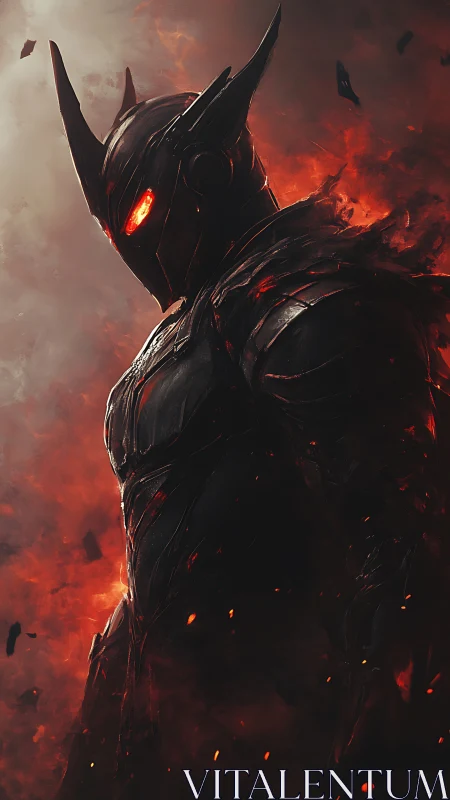 Armored infernal warrior emerges from embers in profile view