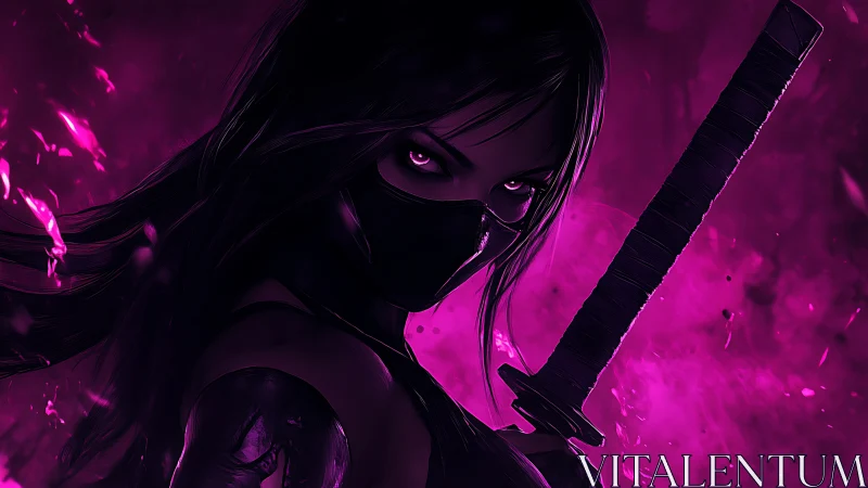 Masked female swordswoman in neon magenta environment.