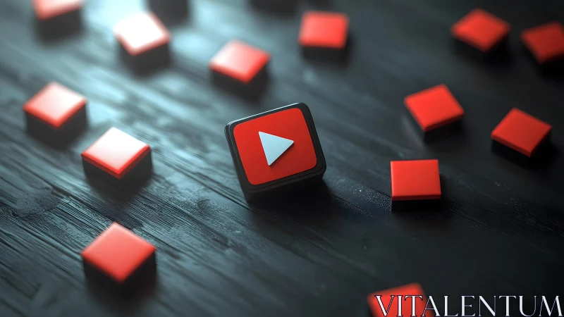 YouTube play button icon among red squares on dark wooden surface.