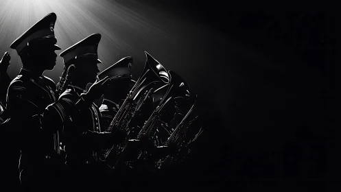 Backlit ceremonial brass ensemble in high-contrast chiaroscuro.