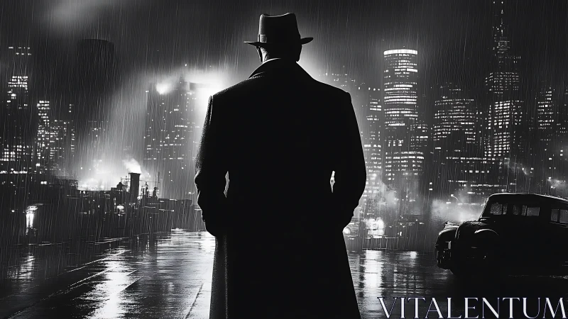 Silhouetted man in trench coat faces rainy city skyline