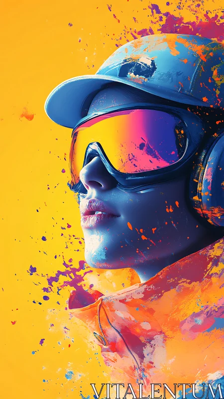 Chromatic ski visor portrait with splatter gradients on yellow