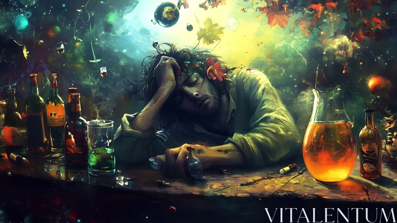 Surreal drunkard amid swirling bottles and autumn light.