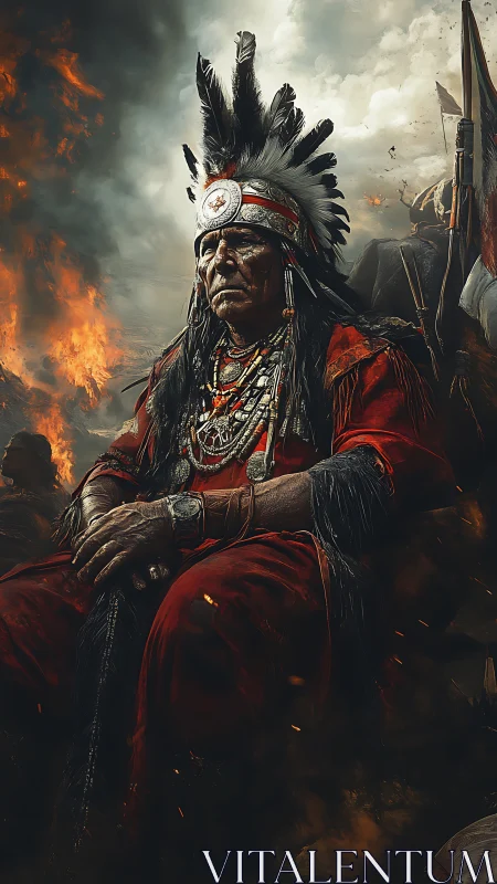 Embers curl around the seated war chief in crimson silence