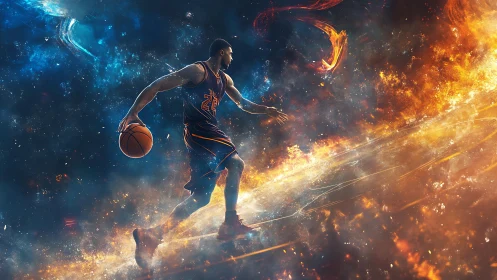Basketball player drives through cosmic fire and energy trail