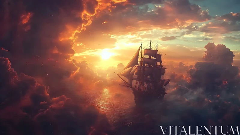 Sunlit tall ship sails boldly through glowing storm clouds