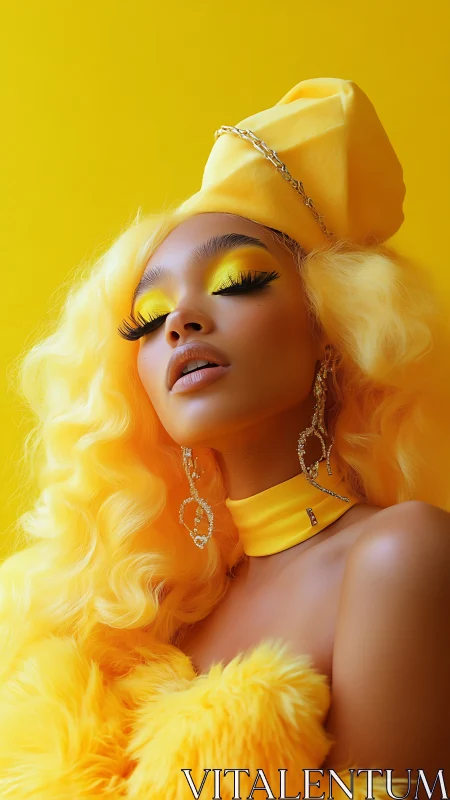 Monochrome yellow beauty portrait with sculpted glam styling.