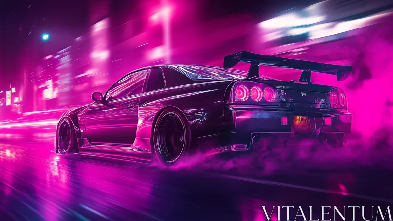 Neon sports car drifts through vaporous cyberpunk city night