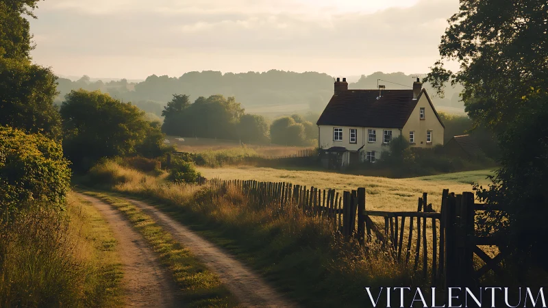 Sunlit rural cottage beside winding countryside track.