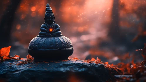 Luminescent deity figurine on lotus base in misted forest.