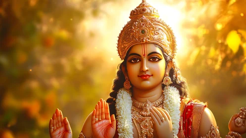 Sunlit goddess gazes outward while blessings spill like dawn