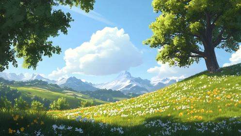 Sunny alpine meadow with wildflowers and distant peaks.