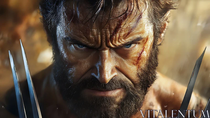 Hyperreal bearded warrior portrait with metal claws and battle scars