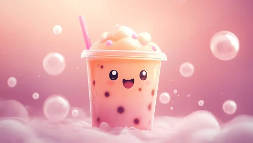 Adorable Boba Tea Character Smiles in Dreamy Pink Wonderland