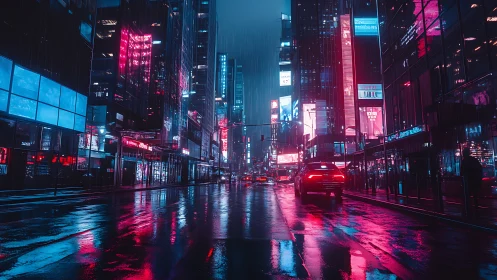 Neon cyberpunk street under rain with reflective night glow.