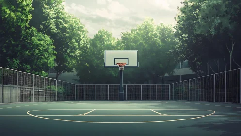 Quiet city basketball court glowing in gentle morning light.