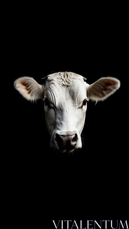 Gentle white cow gazes calmly from a deep black background