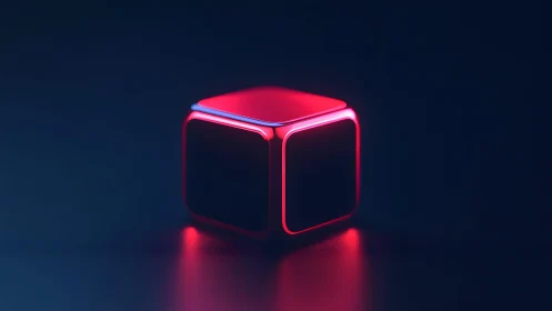 Futuristic glowing red cube in dark minimalist digital style.