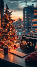 Photorealistic cozy desktop Christmas scene at sunset window.
