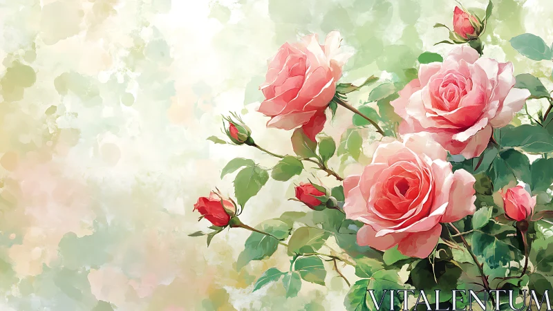 Pink roses blooming with soft watercolor background