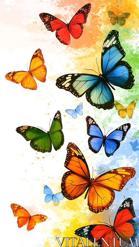 Multicolored butterflies on watercolor splatter gradient field
