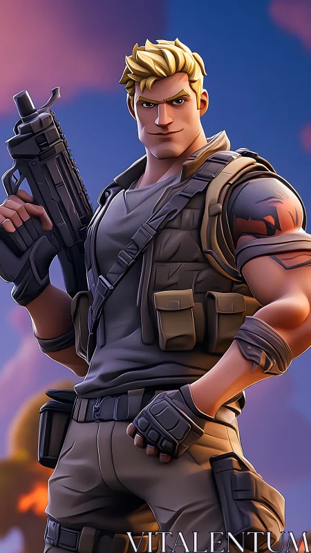 Battlefield rogue with blond swagger and stylized firepower.