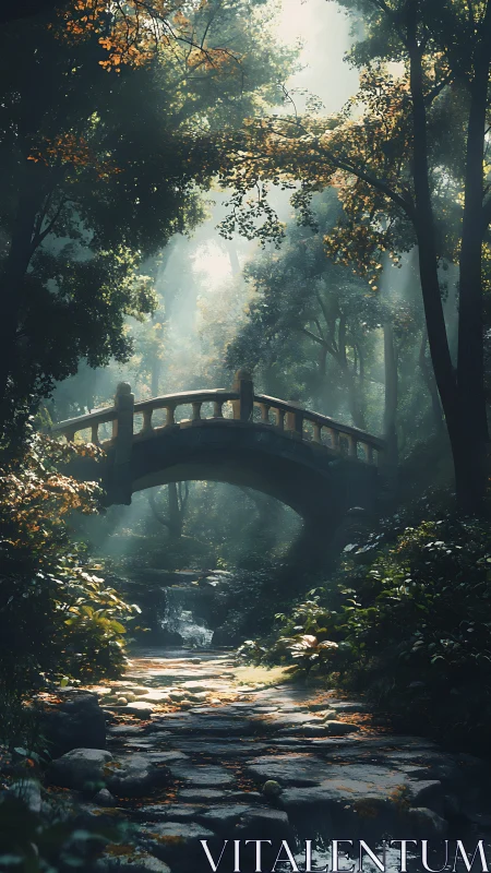 Stone bridge over forest stream in dappled morning light.