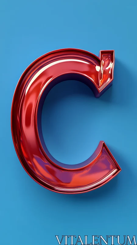 Red metallic letter C form on plain blue background.
