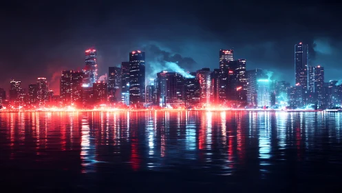 Neon-lit futuristic skyline glows over rippling waterfront at night