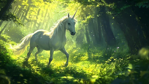 Sunlit forest unicorn wandering through emerald quietude.
