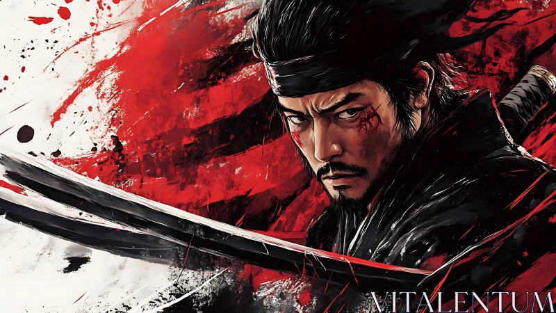 Samurai warrior portrait integrates motion, blades and splashes