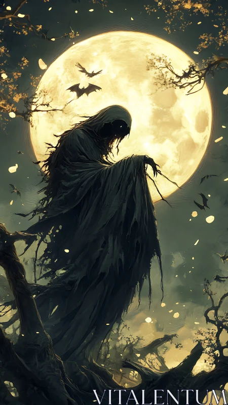 Shadowy moonlit wanderer beneath a glowing full moon.