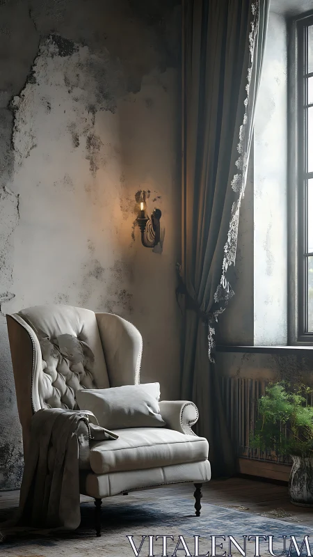 Elegant worn armchair rests in softly lit vintage corner