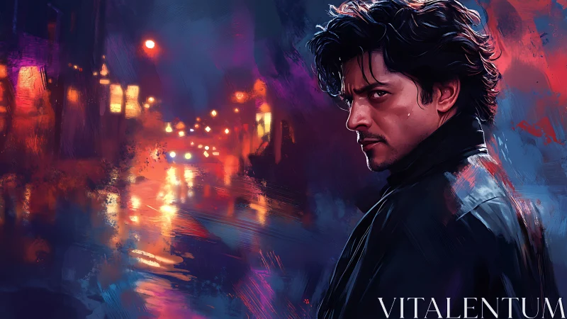 Brooding man in neon-soaked night street portrait painting.