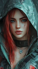 Rain-soaked cyberpunk heroine stares ahead with fierce resolve