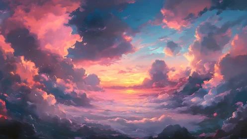 Radiant cloudscape sunset above horizon in vivid pastels.