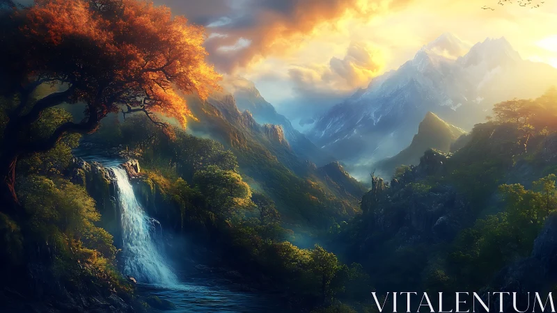 Mountain valley landscape shows waterfall under dramatic light