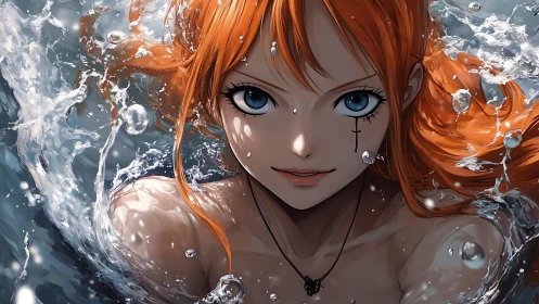 Anime aquatic portrait with dynamic splash and crisp focus.