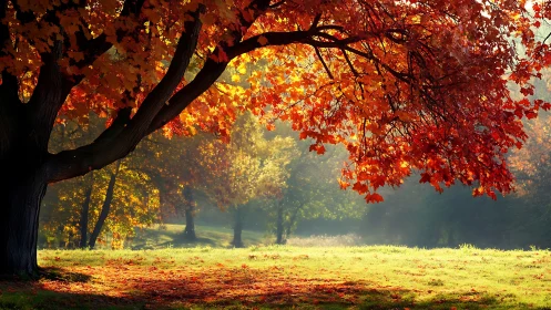 Autumn maple tree with sunlit red and gold foliage.