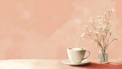 Latte cup and glass vase on muted peach background.