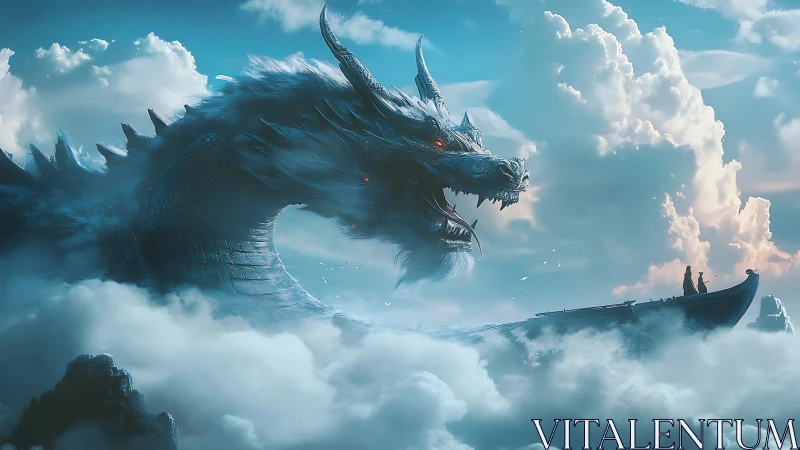 Skyborne dragon confronts lone voyagers on cloud-sailing skiff.