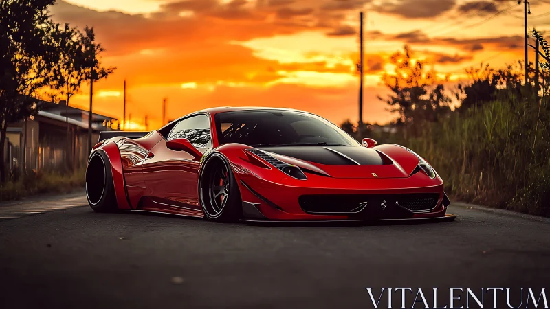 Low-slung red supercar under cinematic sunset sky glow.