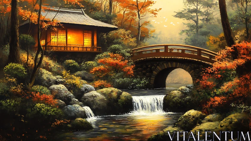 Cozy autumn riverside retreat with glowing lantern-lit home.