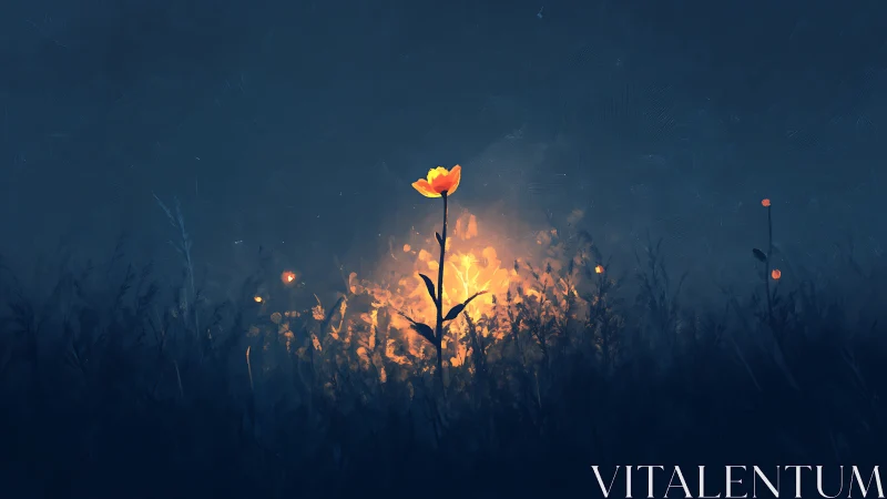 Single illuminated flower stands against dark blue field